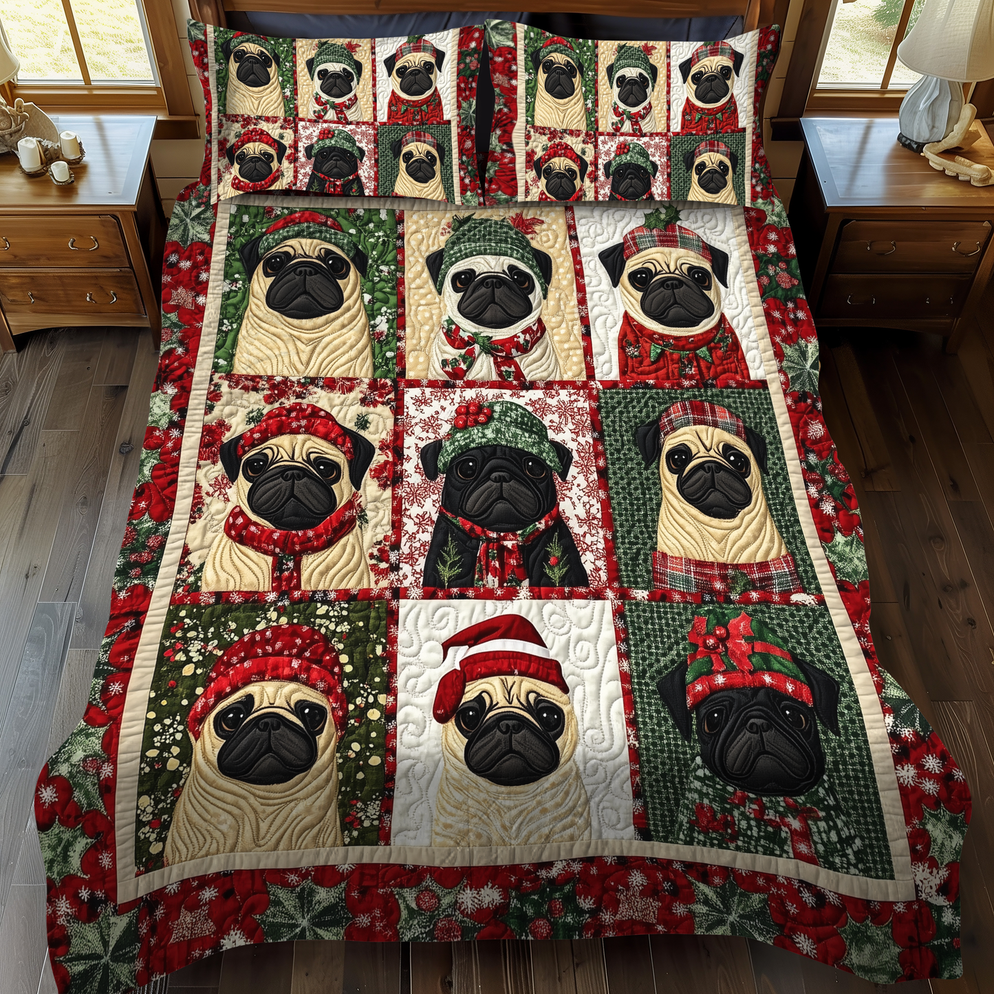 Pug Winter Wishes 3-Piece Quilted Bedding Set - Single (59" x 70")