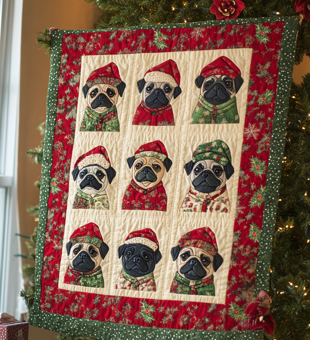 Pug Winter Wishes Quilted Blanket - Throw (55" x 60")