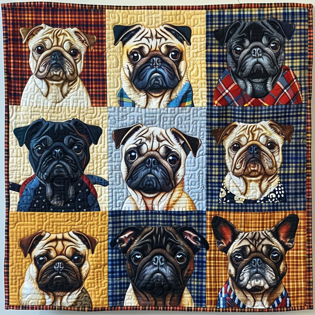 Pugs in Plaid Quilted Blanket - Throw (55" x 60")