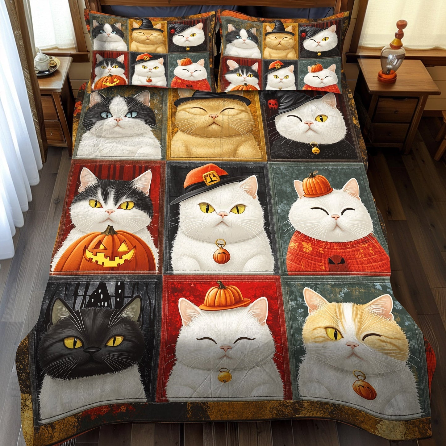 Pumpkin Kitty 3-Piece Quilted Bedding Set - Single (59" x 70")