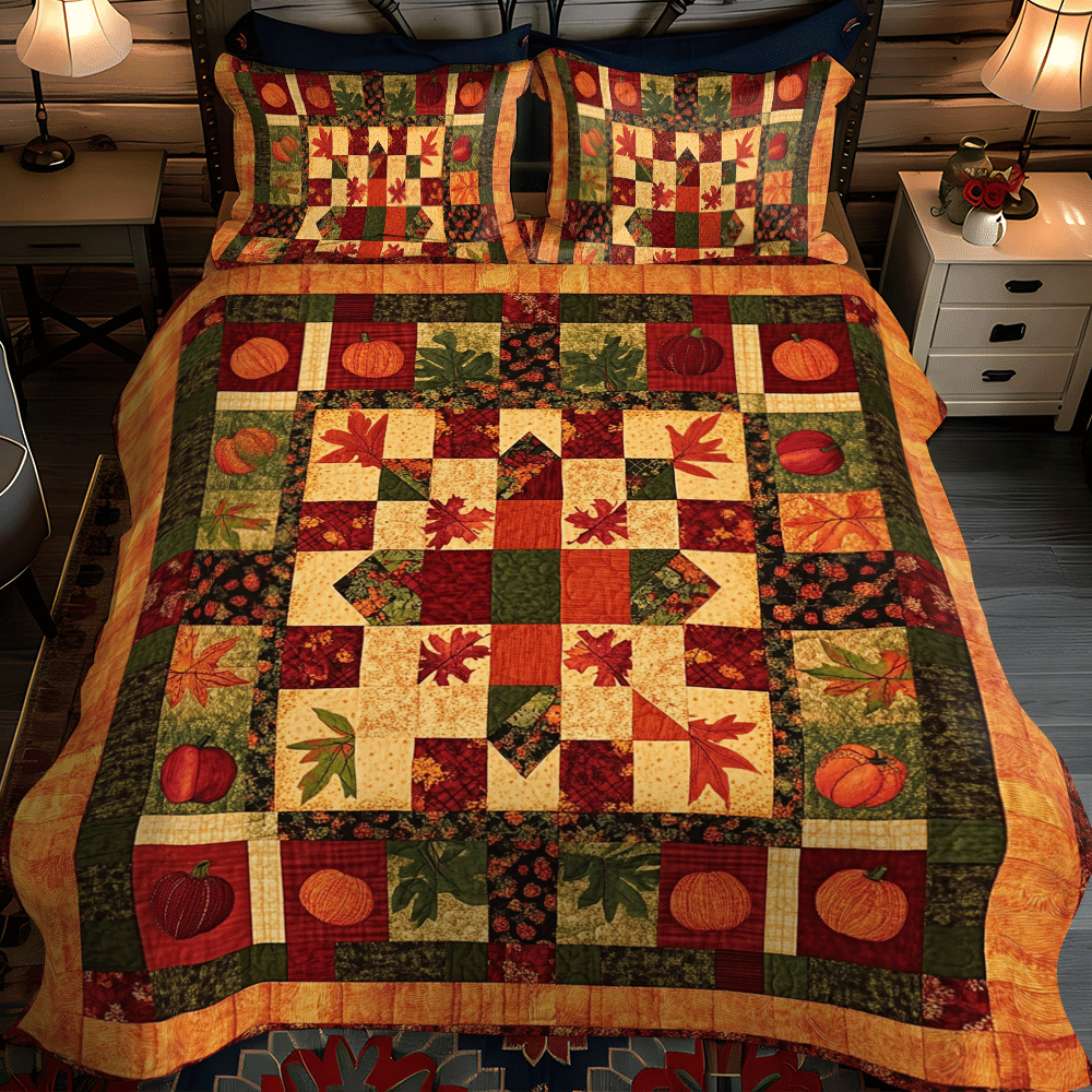 Pumpkin Patchwork Fall 3-Piece Quilted Bedding Set - Single (59" x 70")