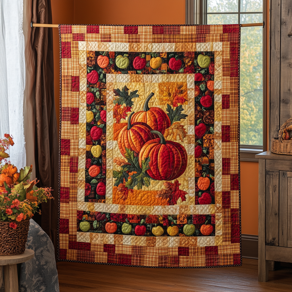 Pumpkin Patchwork Fall Quilted Blanket - Throw (55" x 60")
