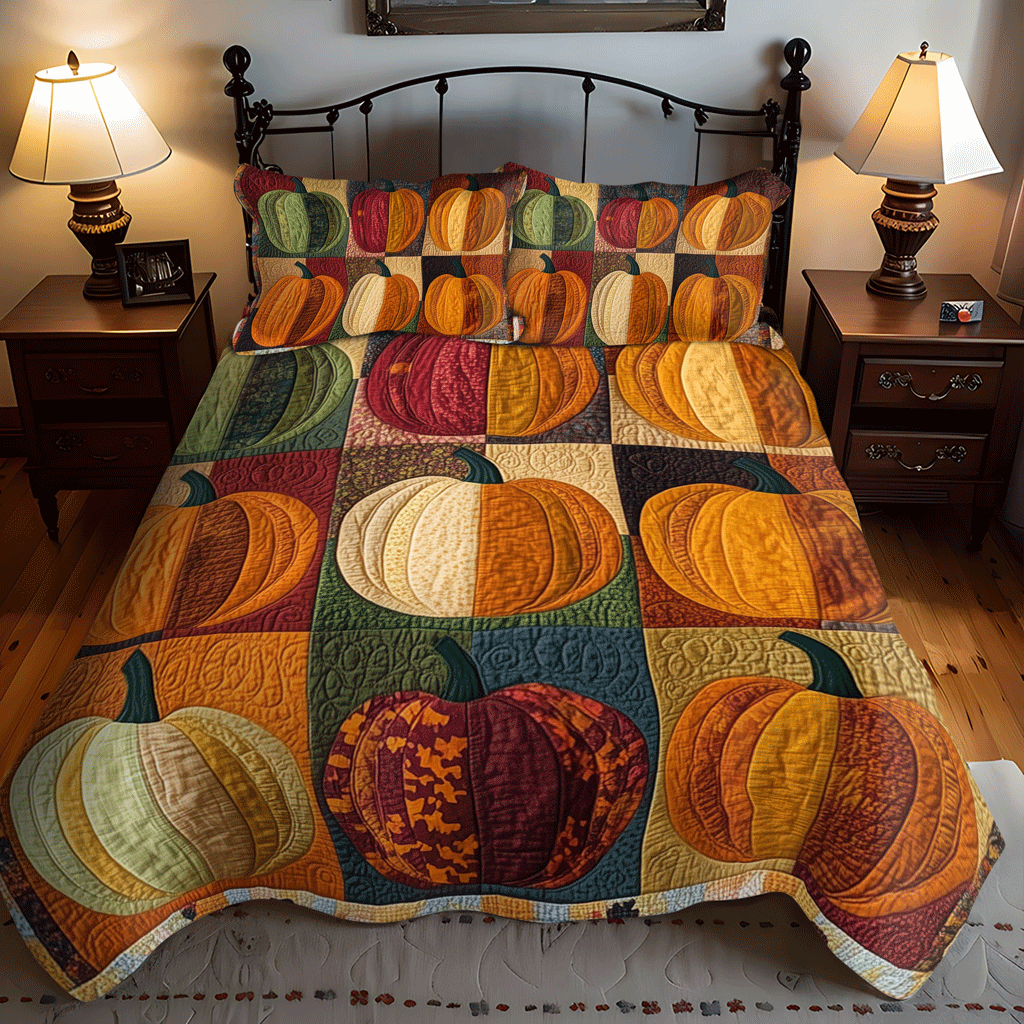 Pumpkin Row 3-Piece Quilted Bedding Set - Single (59" x 70")