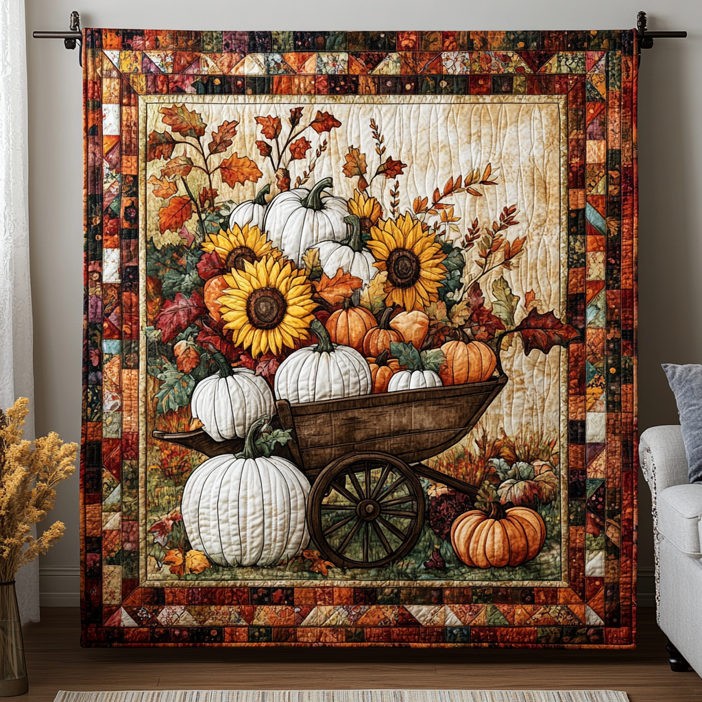 Pumpkin Wheelbarrow Quilted Blanket - Throw (55" x 60")