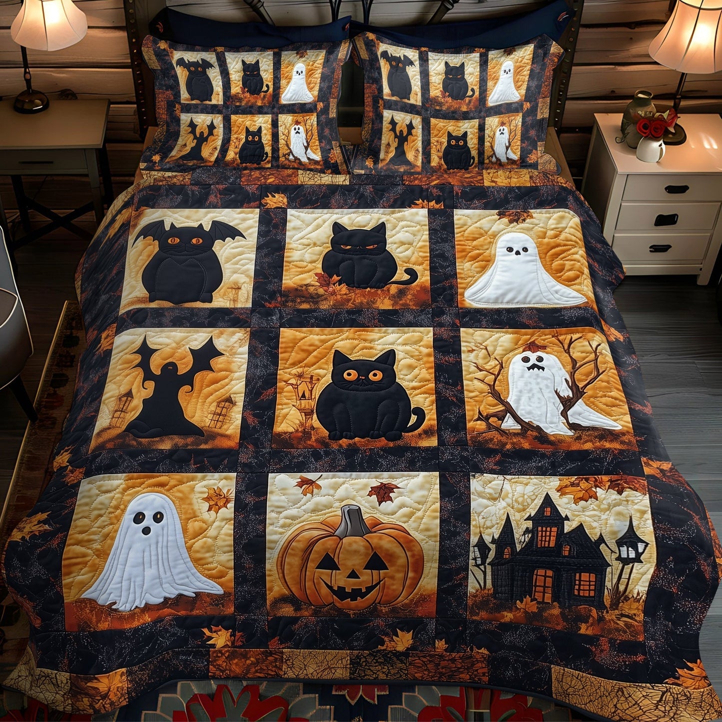 Pumpkins and Phantoms 3-Piece Quilted Bedding Set - Single (59" x 70")
