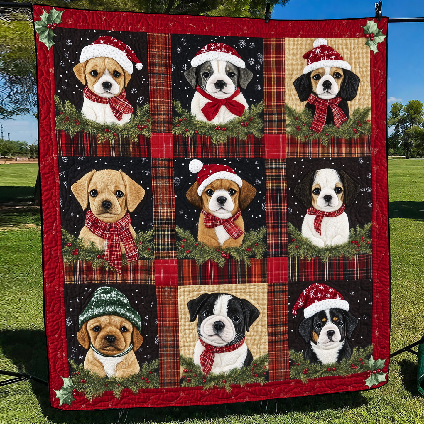 Puppy Holiday Delight Quilted Blanket - Throw (55" x 60")