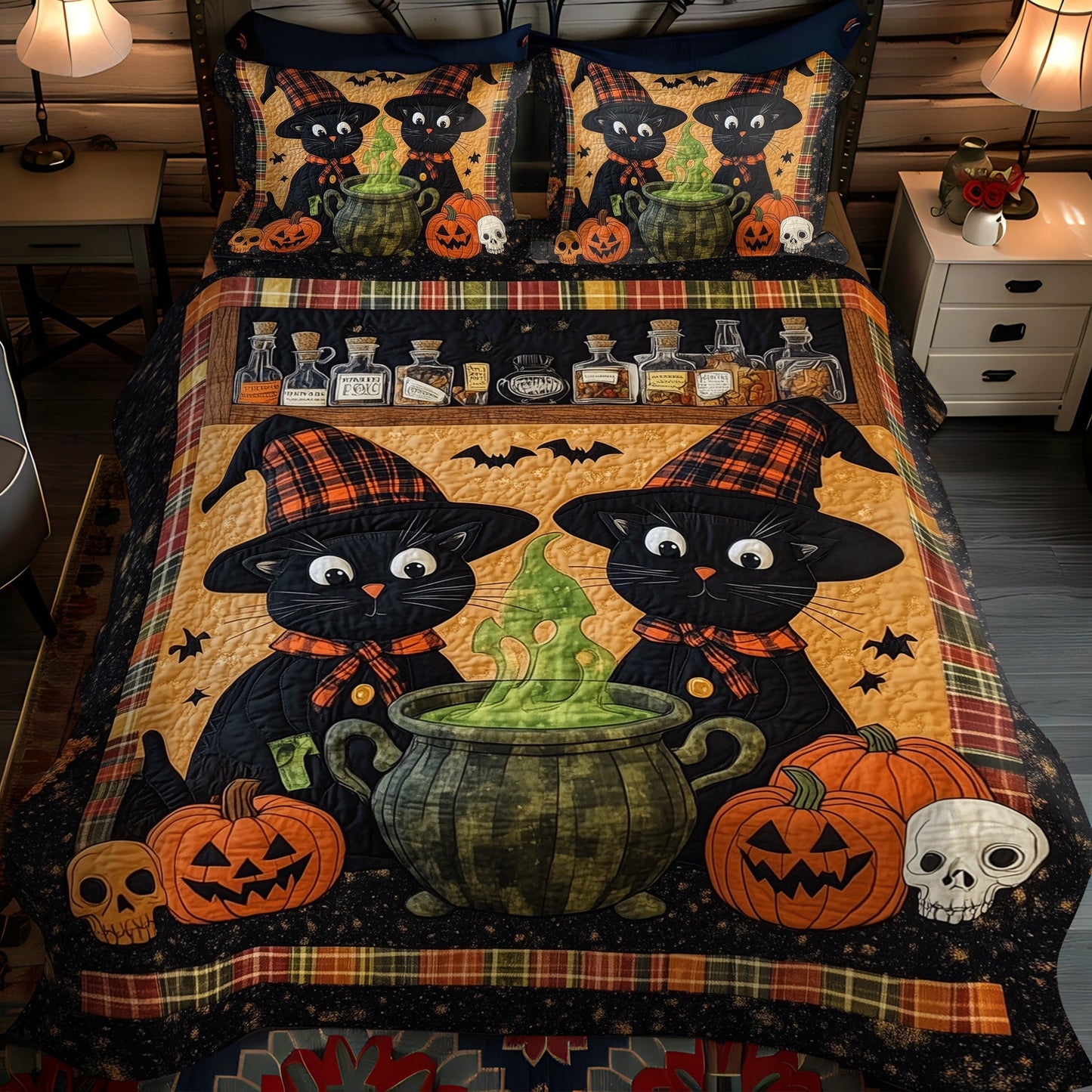 Purrfectly Bewitching 3-Piece Quilted Bedding Set - Single (59" x 70")