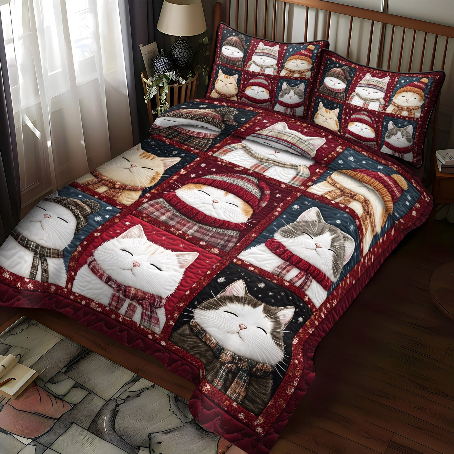 Purrfectly Cozy Cats 3-Piece Quilted Bedding Set - Single (59" x 70")