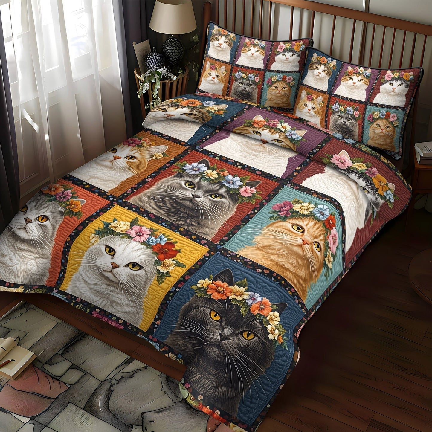 Purrfectly Floral Cats 3-Piece Quilted Bedding Set - Single (59" x 70")