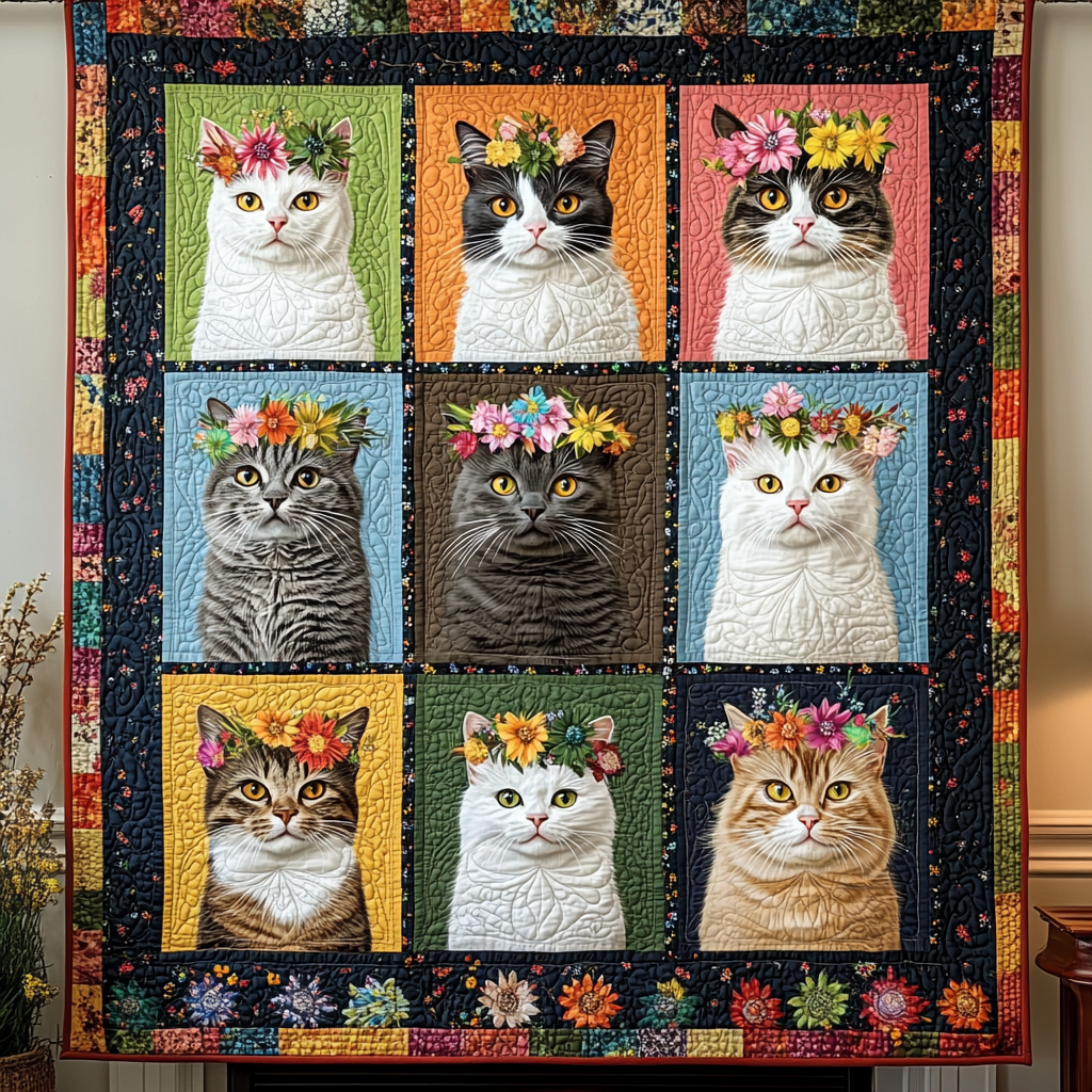 Purrfectly Floral Cats Quilted Blanket - Throw (55" x 60")