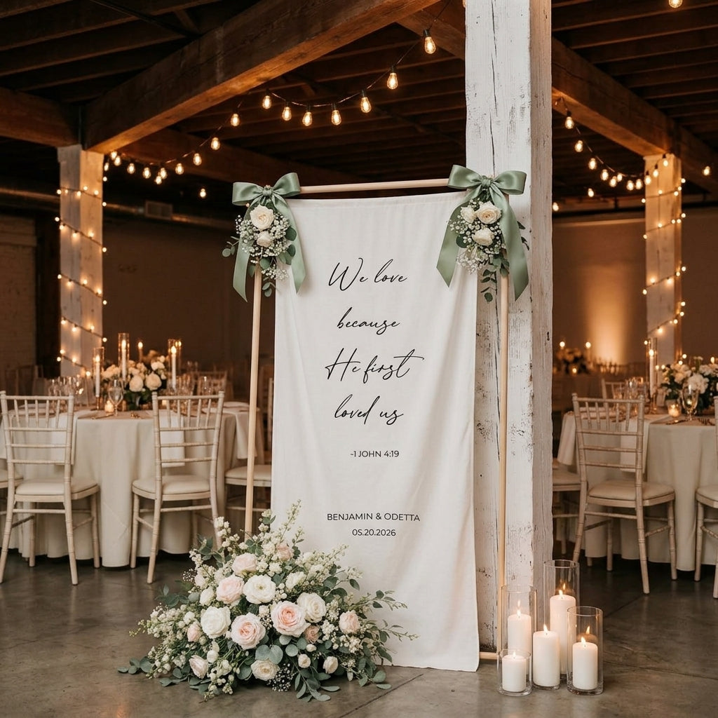 Minimalist Wedding Banner Personalized Bible Verse Linen Christian Ceremony Decor (view 6)