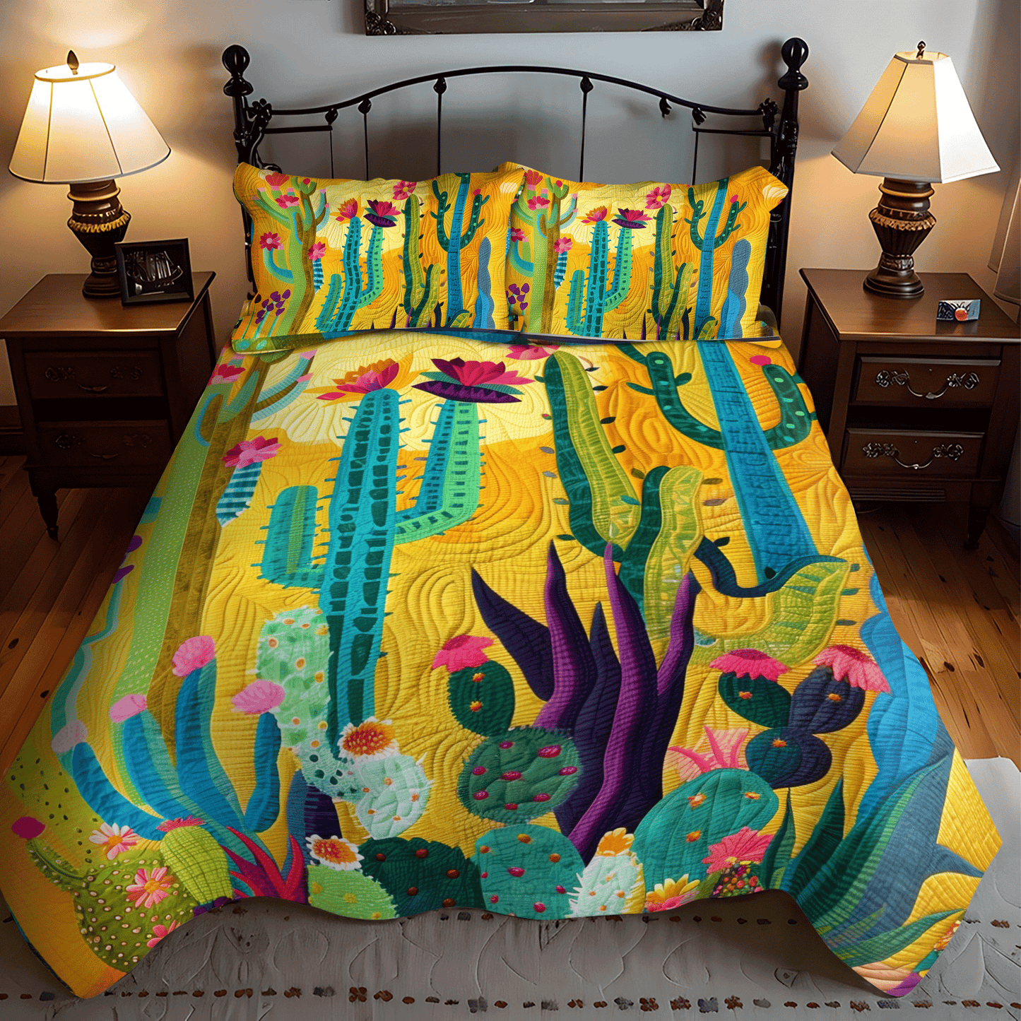 Radiant Cactus Oasis 3-Piece Quilted Bedding Set - Single (59" x 70")