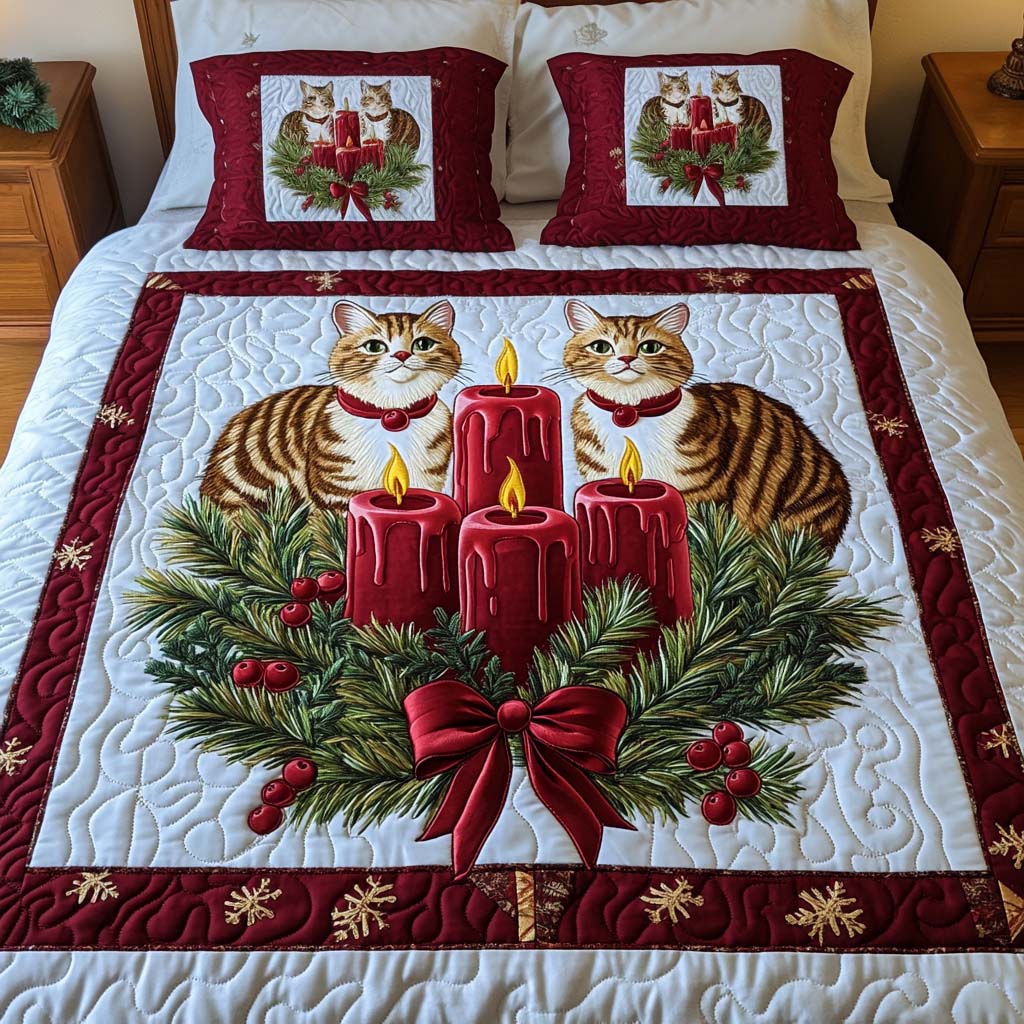 Radiant Holiday Cats 3-Piece Quilted Bedding Set - Single (59" x 70")