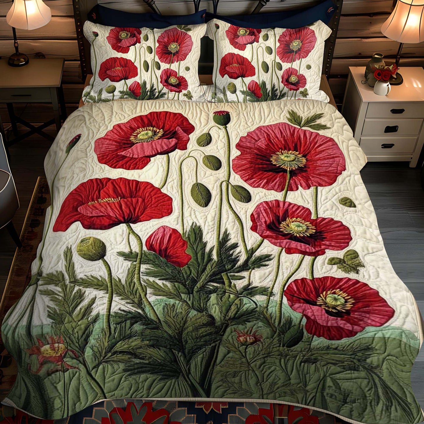 Radiant Red Poppies 3-Piece Quilted Bedding Set - Single (59" x 70")