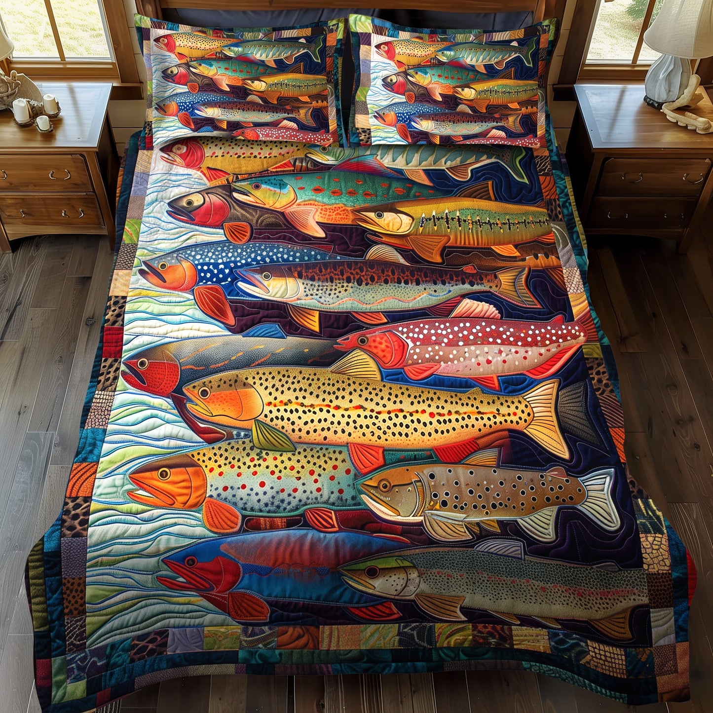 Rainbow Trout Retreat 3-Piece Quilted Bedding Set - Single (59" x 70")