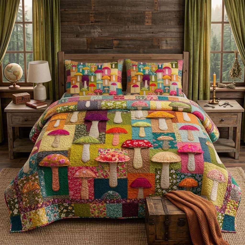Rainbow Mushroom 3-Piece Quilted Bedding Set - Single (59" x 70")