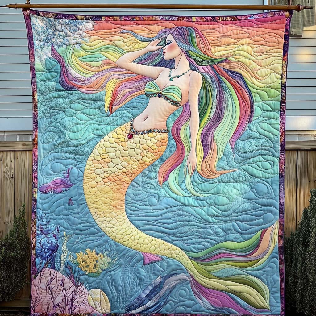 Rainbow Tresses Mermaid Quilted Blanket - Throw (55" x 60")