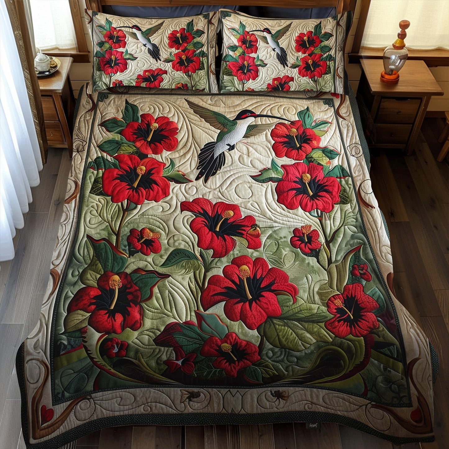 Red Bloom Radiance 3-Piece Quilted Bedding Set - Single (59" x 70")