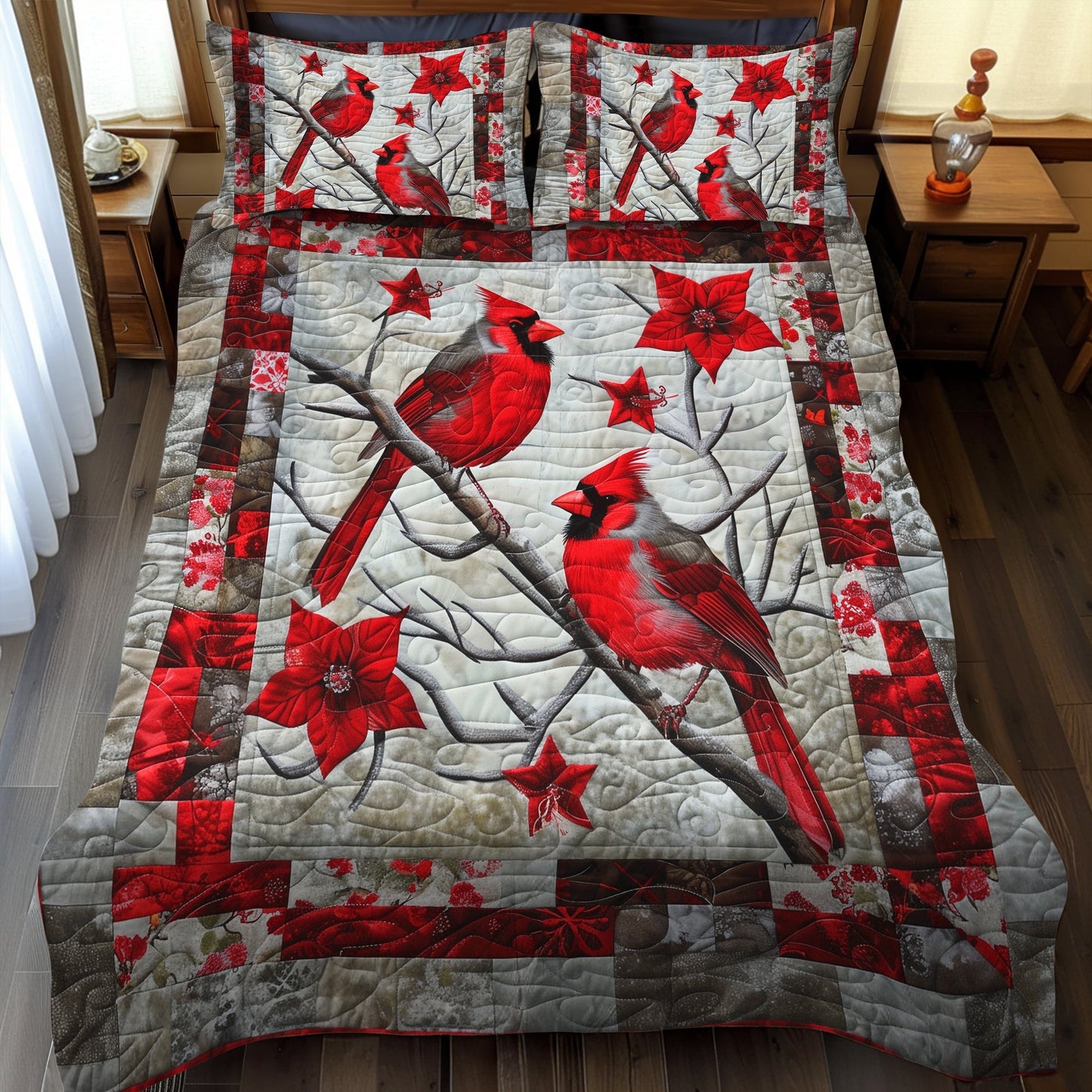 Red Cardinal 3-Piece Quilted Bedding Set - Single (59" x 70")