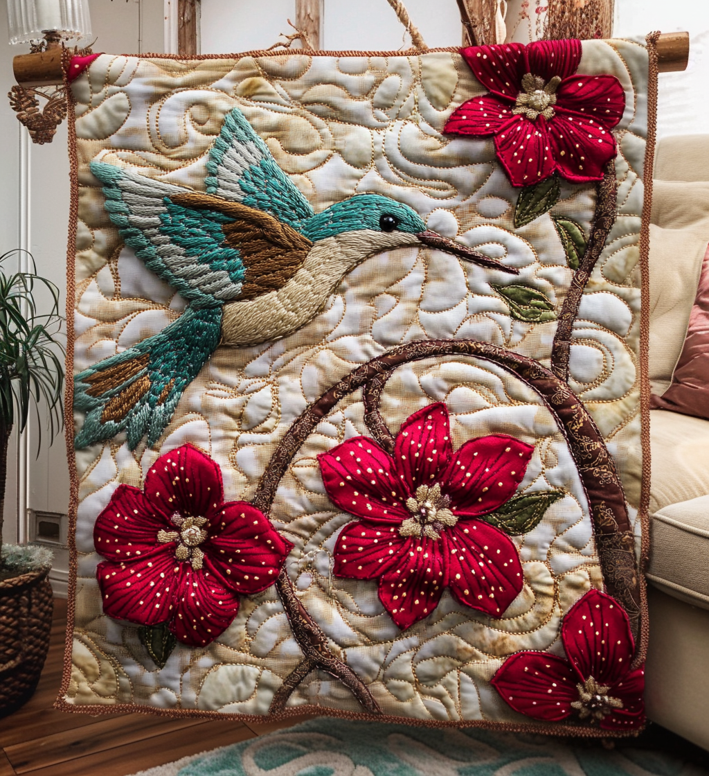 Red Flower Hummingbird Quilted Blanket - Throw (55" x 60")