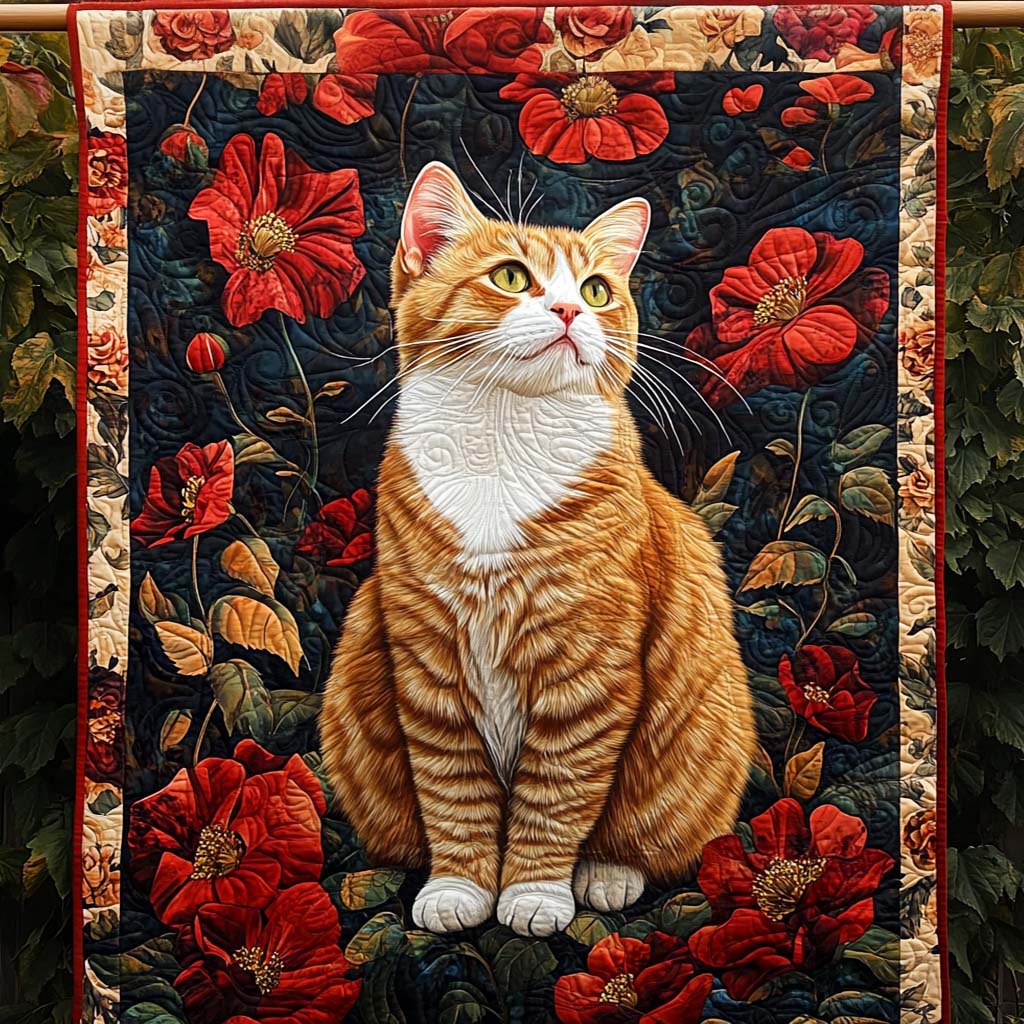 Red Poppy Cat Quilted Blanket - Throw (55" x 60")