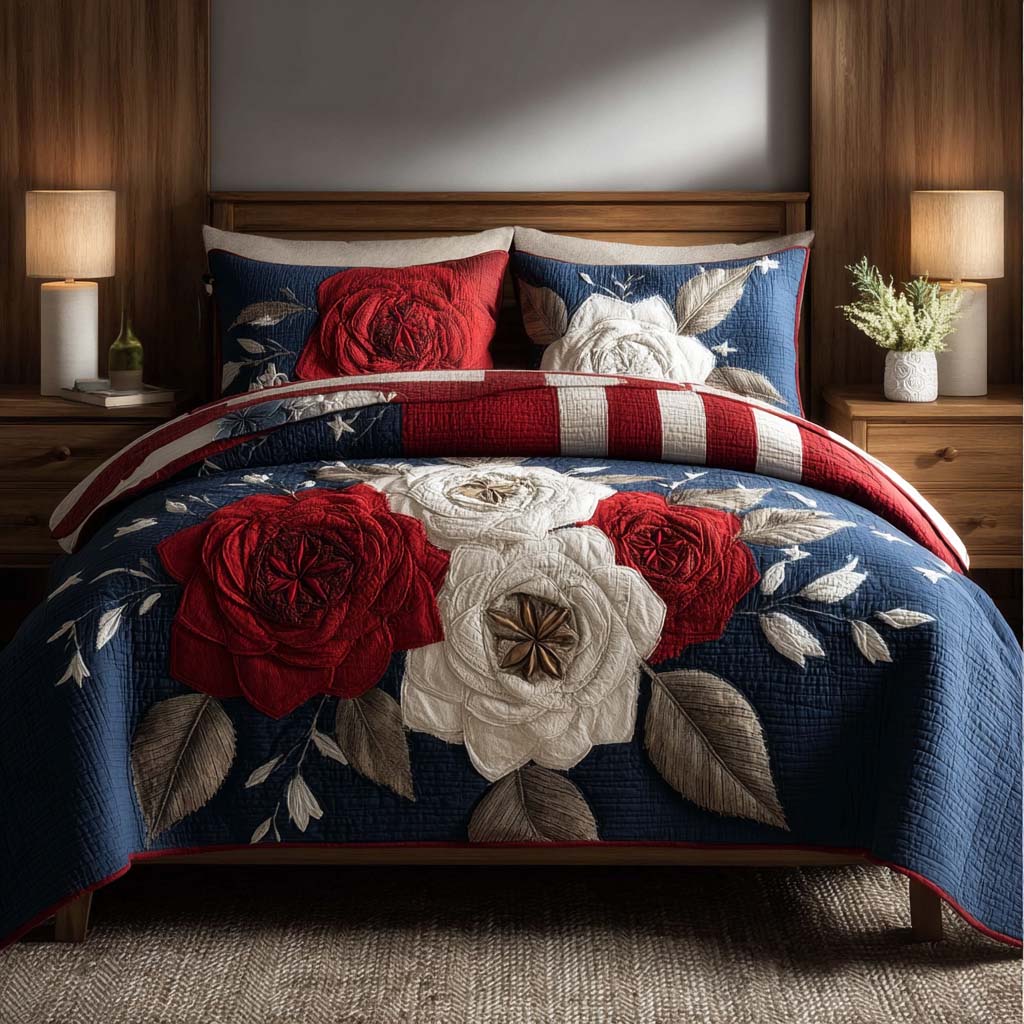 Red White Petals 3-Piece Quilted Bedding Set - Single (59" x 70")