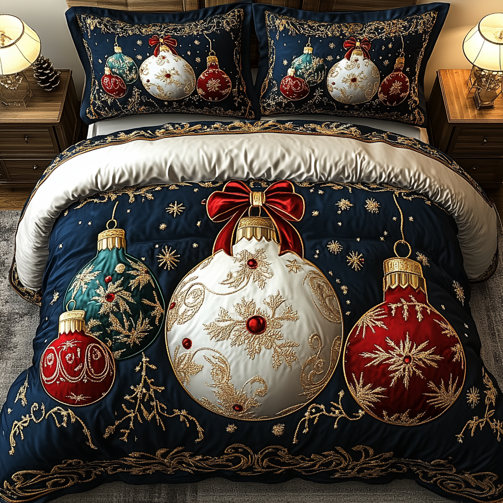Regal Holiday Ornament 3-Piece Quilted Bedding Set - Single (59" x 70")