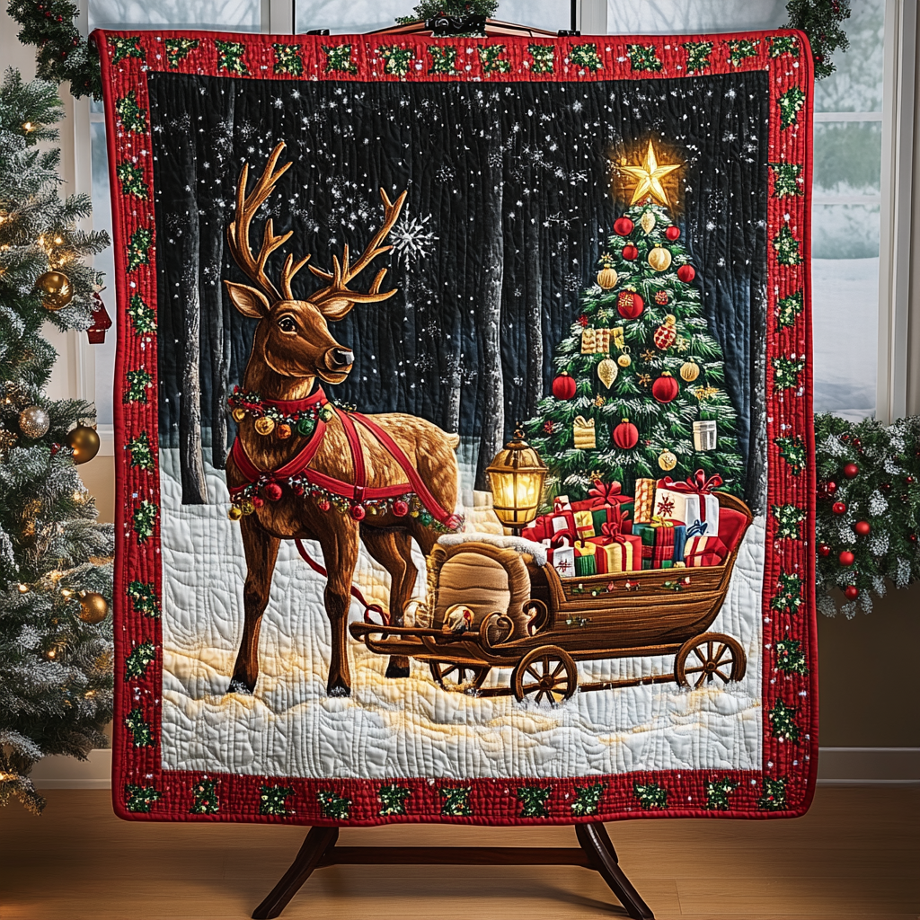 Reindeer Sleigh Quilted Blanket - Throw (55" x 60")