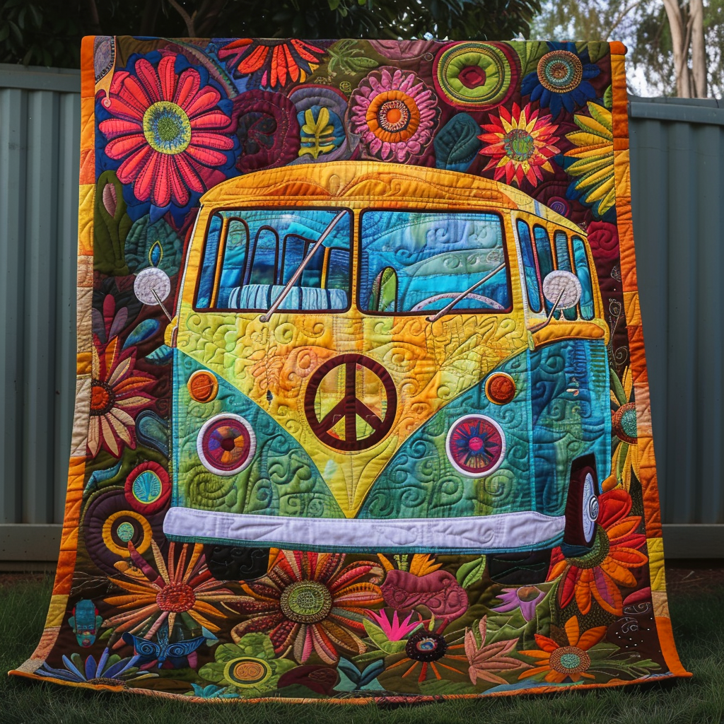 Retro Hippie Van Quilted Blanket - Throw (55" x 60")