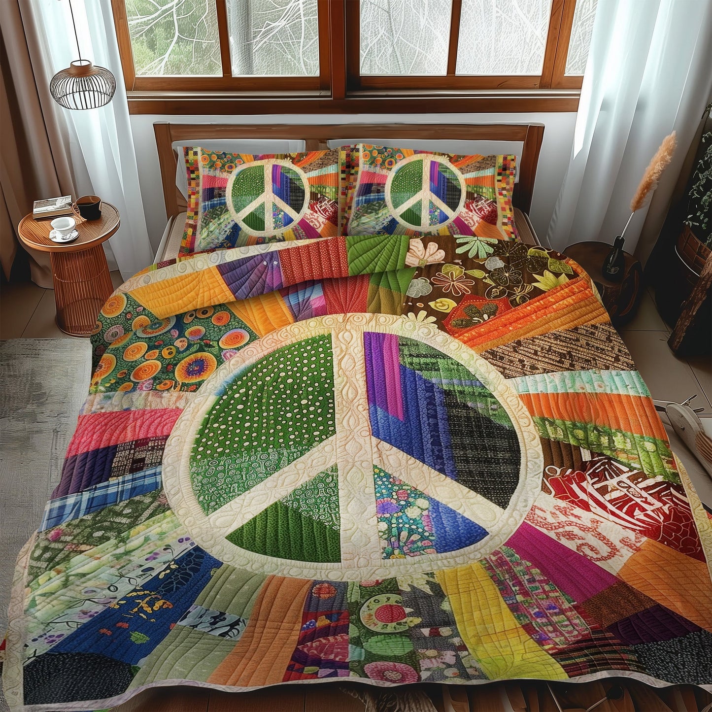 Retro Peace Sign 3-Piece Quilted Bedding Set - Single (59" x 70")