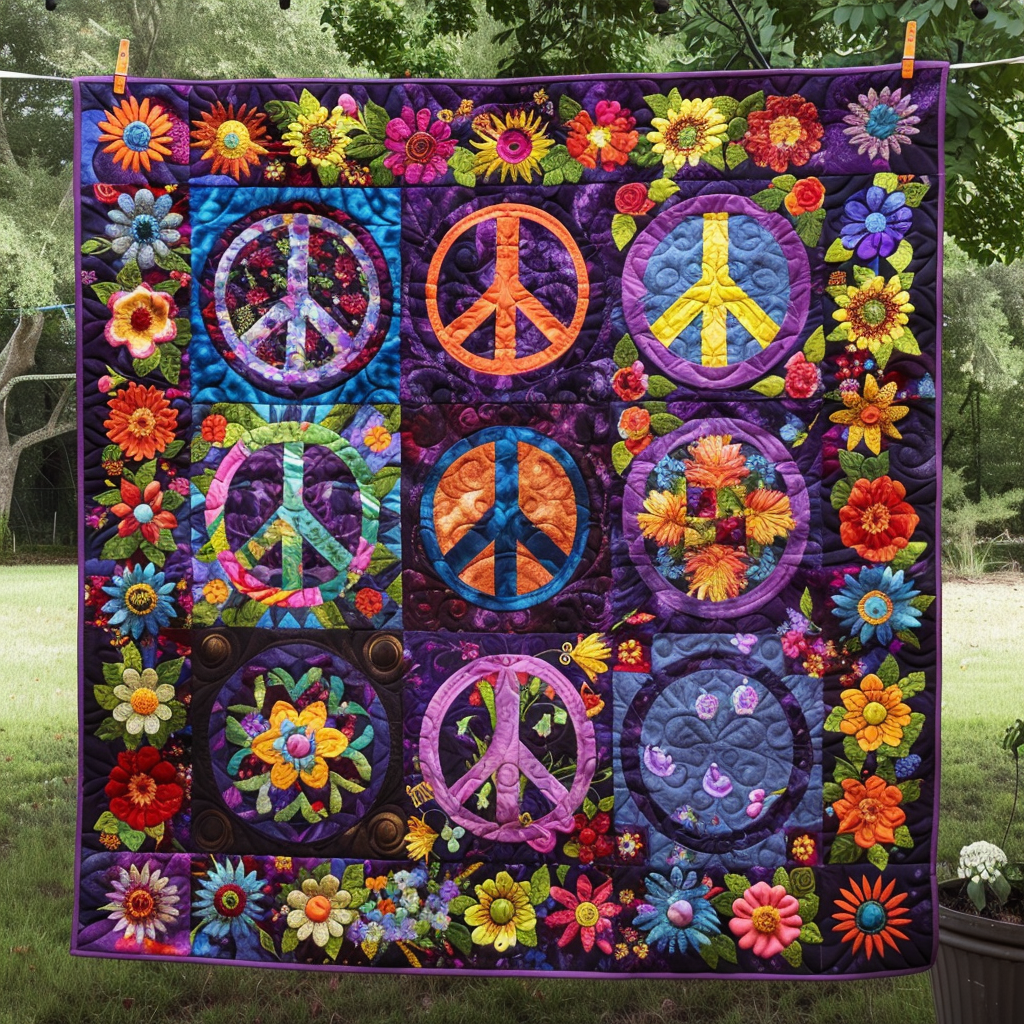 Retro Peace Symbols Quilted Blanket - Throw (55" x 60")