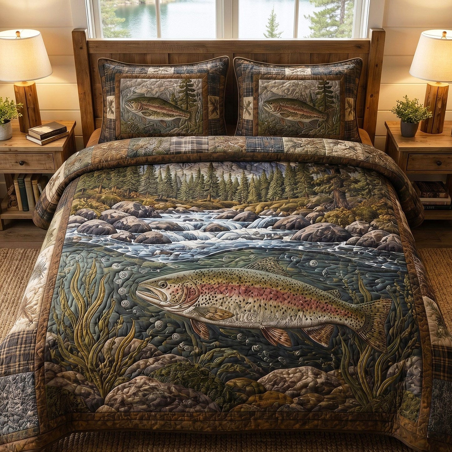 River Trout 3-Piece Quilted Bedding Set - Single (59" x 70")
