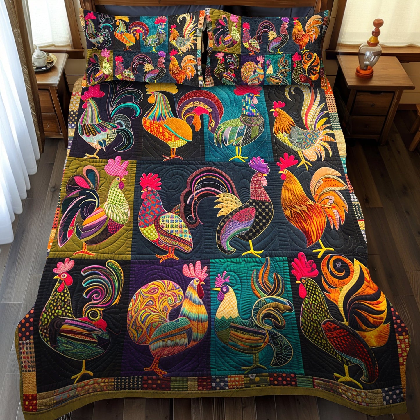 Rooster Fiesta 3-Piece Quilted Bedding Set - Single (59" x 70")