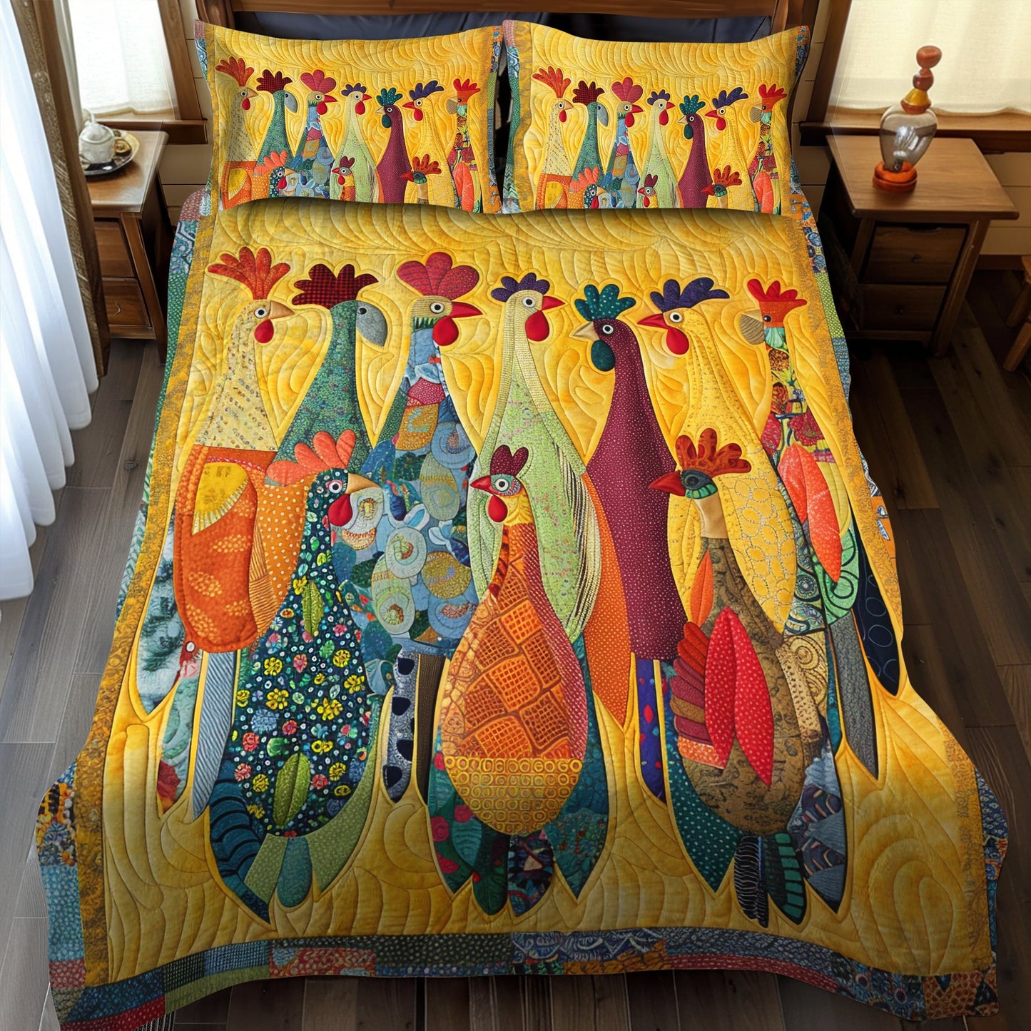 Rooster Meeting 3-Piece Quilted Bedding Set - Single (59" x 70")