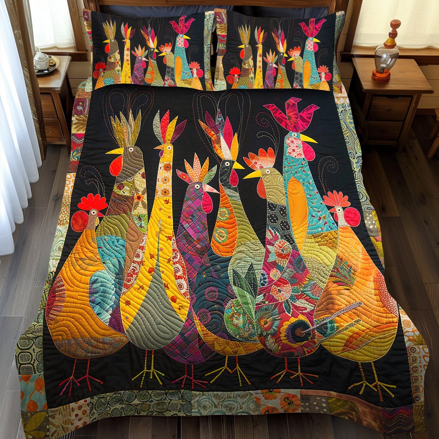Rooster Night 3-Piece Quilted Bedding Set - Single (59" x 70")