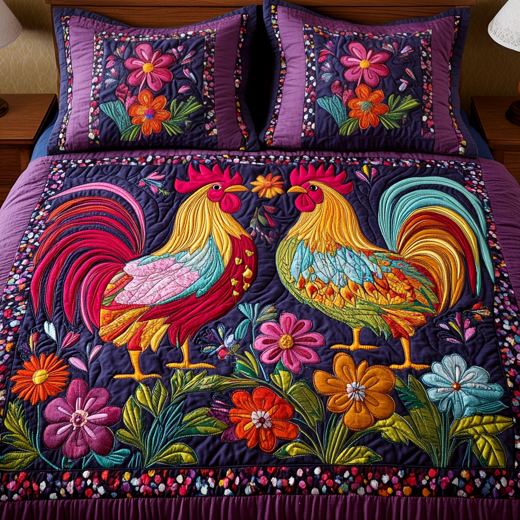 Rooster Harmony 3-Piece Quilted Bedding Set - Single (59" x 70")