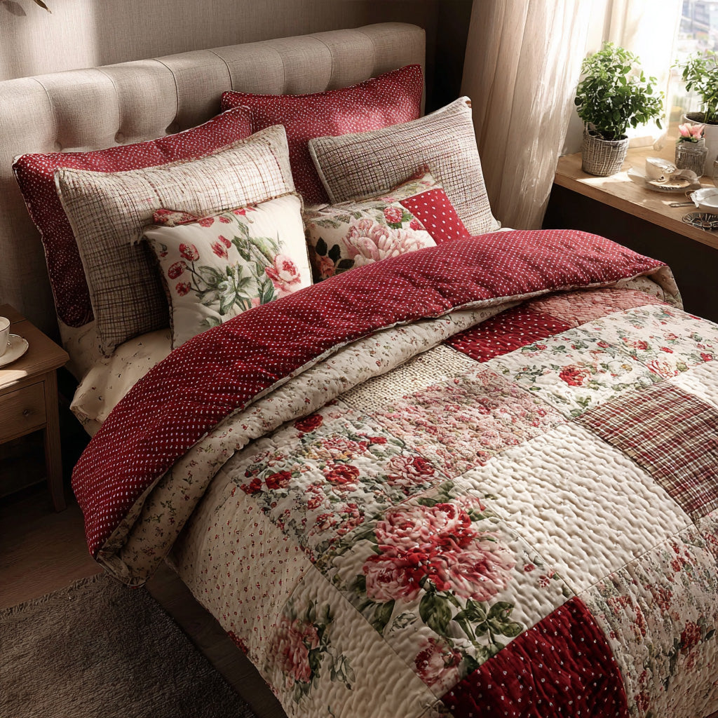 Rosy Cottage Romance 3-Piece Quilted Bedding Set - Single (59" x 70")