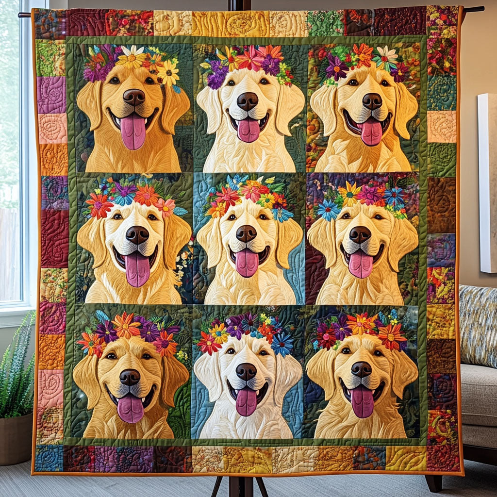 Rosy Retrievers Quilted Blanket - Throw (55" x 60")