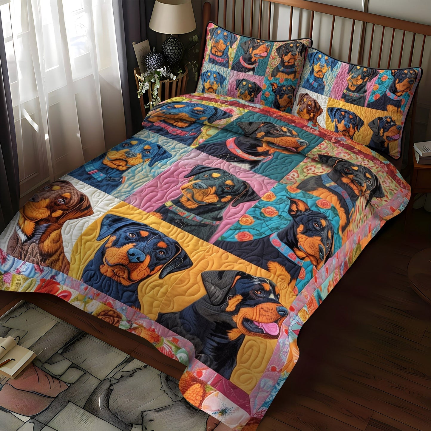 Rottweiler Floral Dream 3-Piece Quilted Bedding Set - Single (59" x 70")