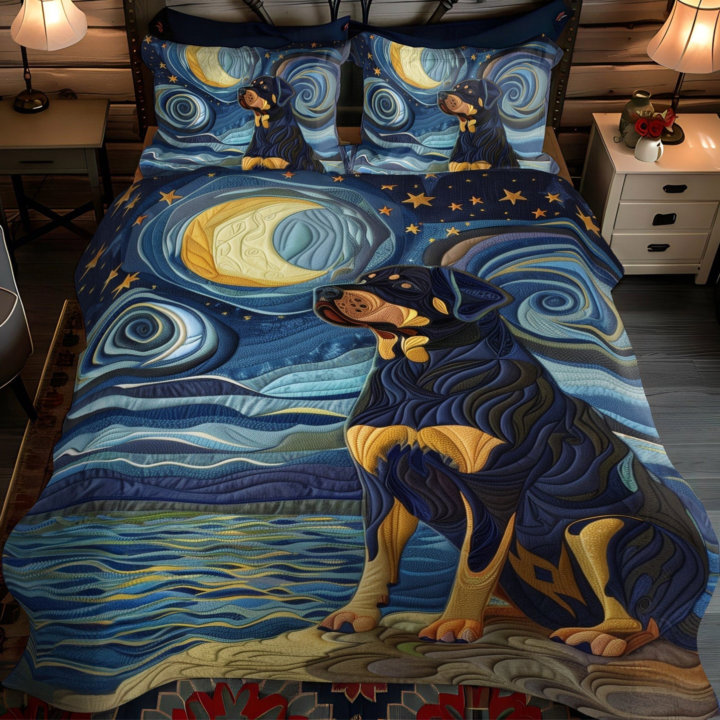 Rottweiler Night Dream 3-Piece Quilted Bedding Set - Single (59" x 70")