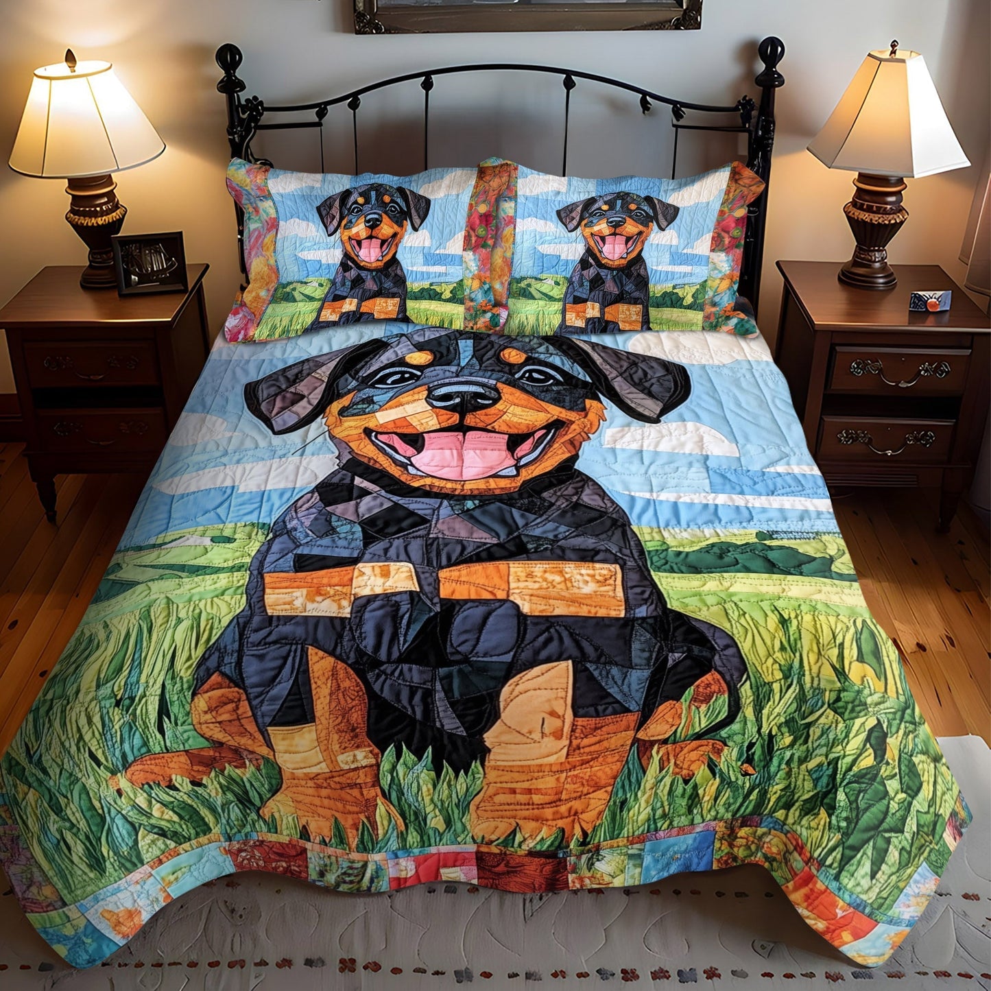 Rottweiler in the Garden 3-Piece Quilted Bedding Set - Single (59" x 70")