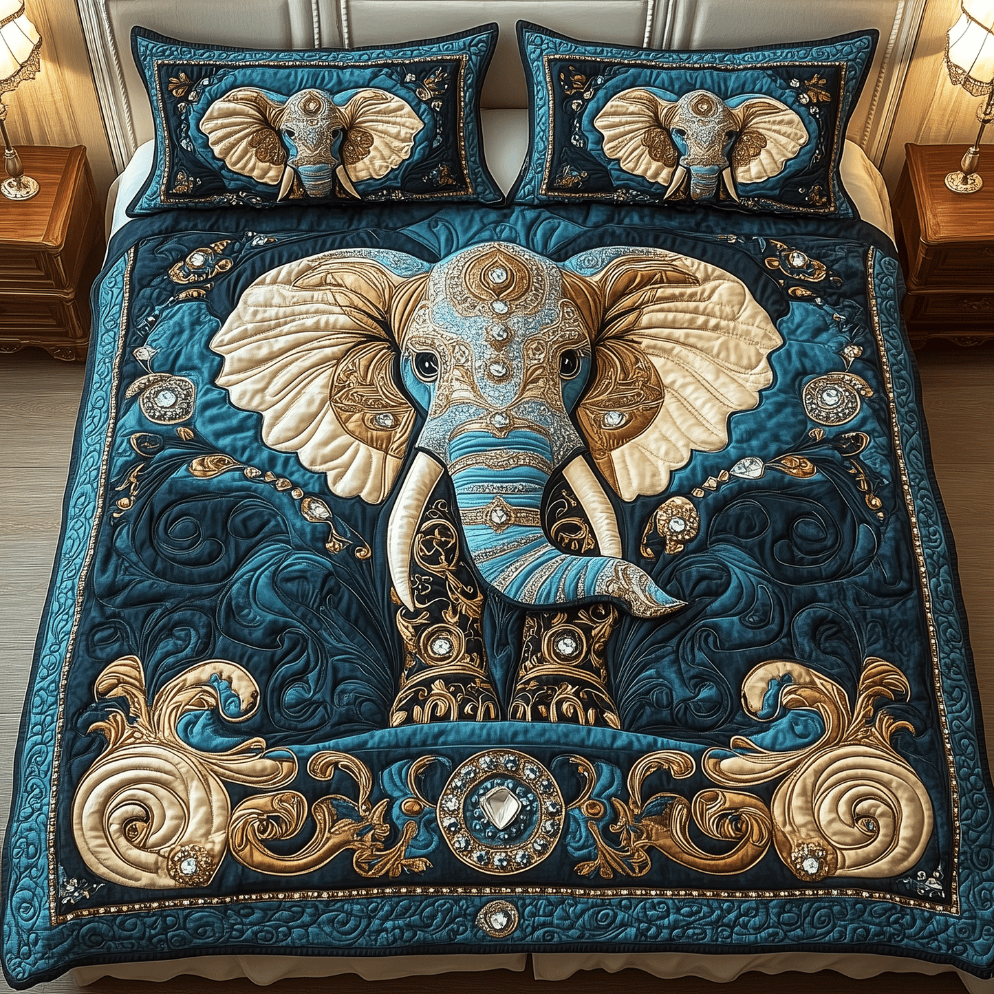 Royal Elephant Dreams 3-Piece Quilted Bedding Set - Single (59" x 70")
