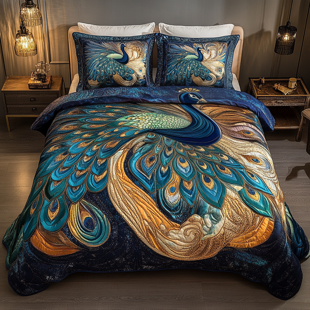 Royal Peacock Dream 3-Piece Quilted Bedding Set - Single (59" x 70")