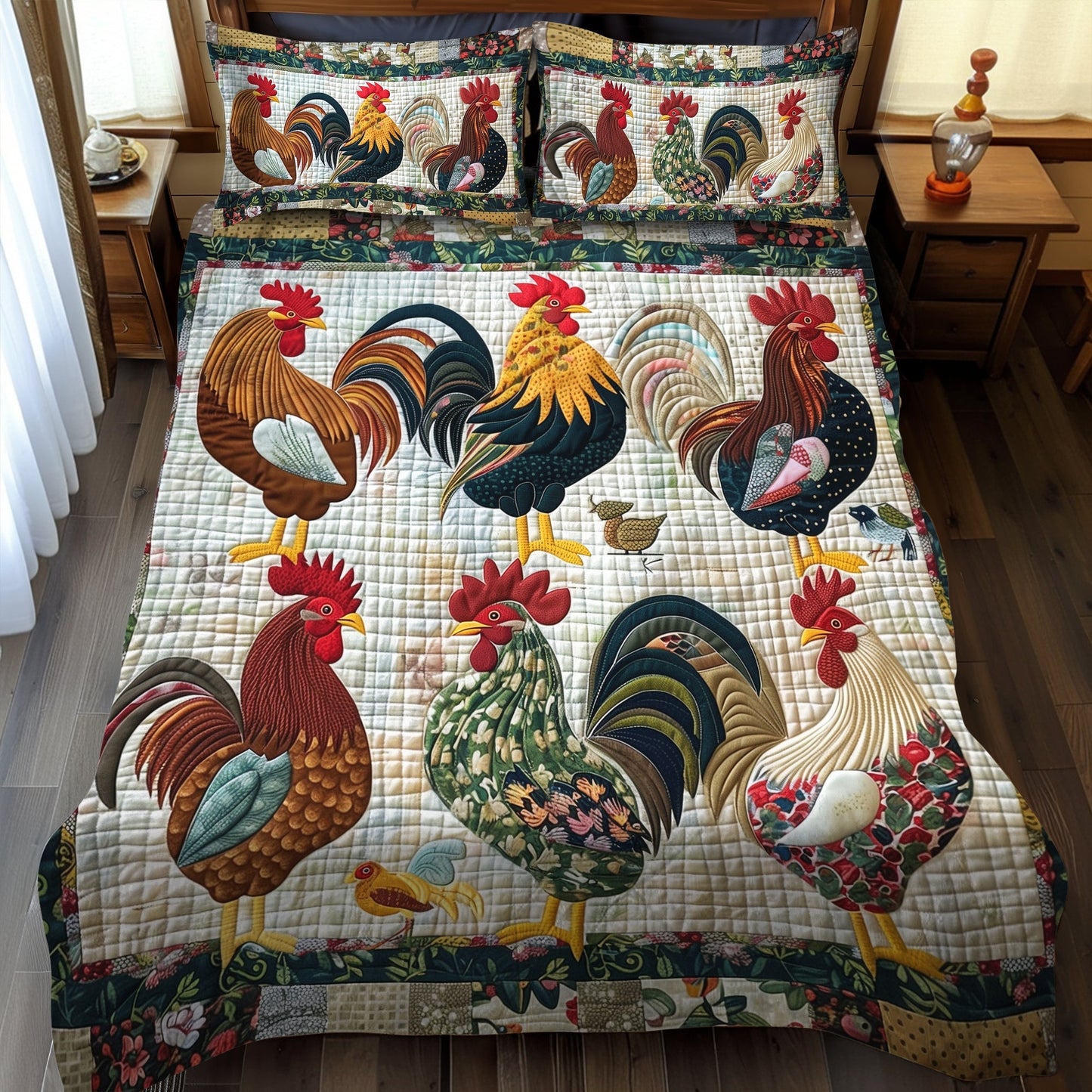 Rural Rooster 3-Piece Quilted Bedding Set - Single (59" x 70")