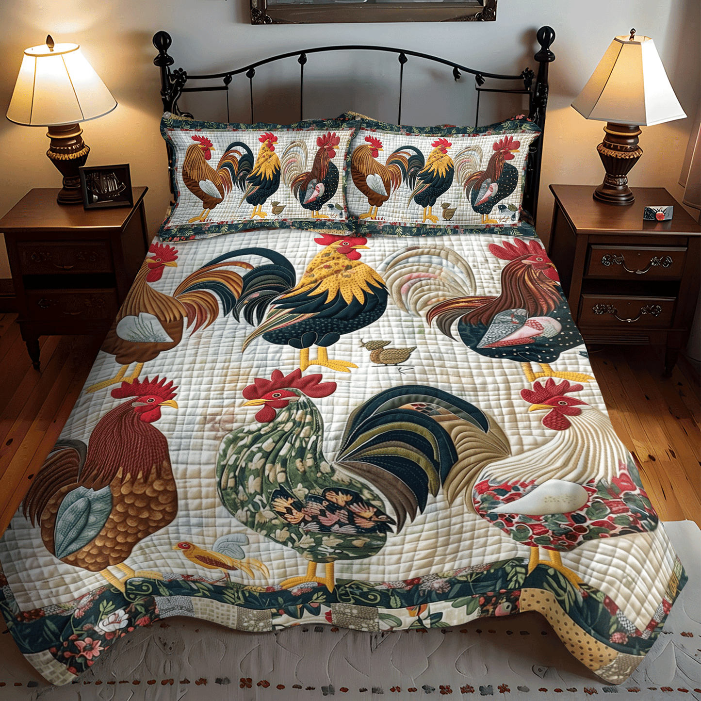 Twin (69'' x 90'') /Sunrise Roosters 3-Piece Quilted Bedding Set