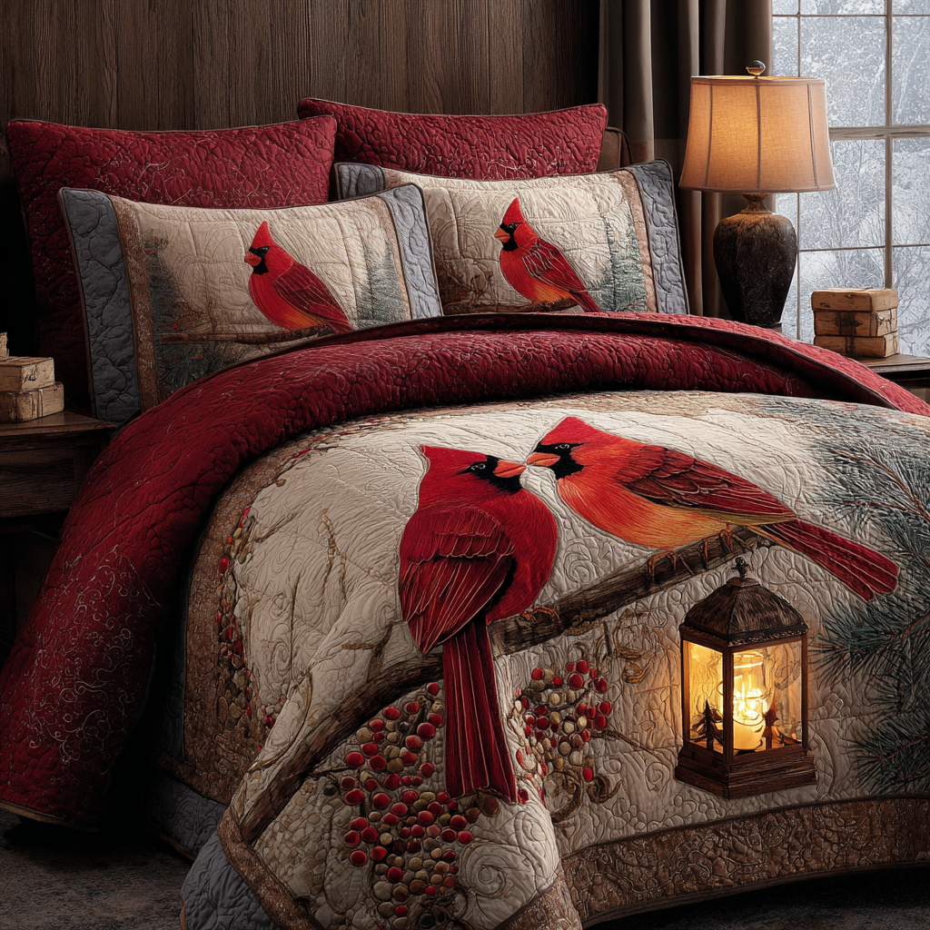 Rustic Cardinals 3-Piece Quilted Bedding Set - Single (59" x 70")