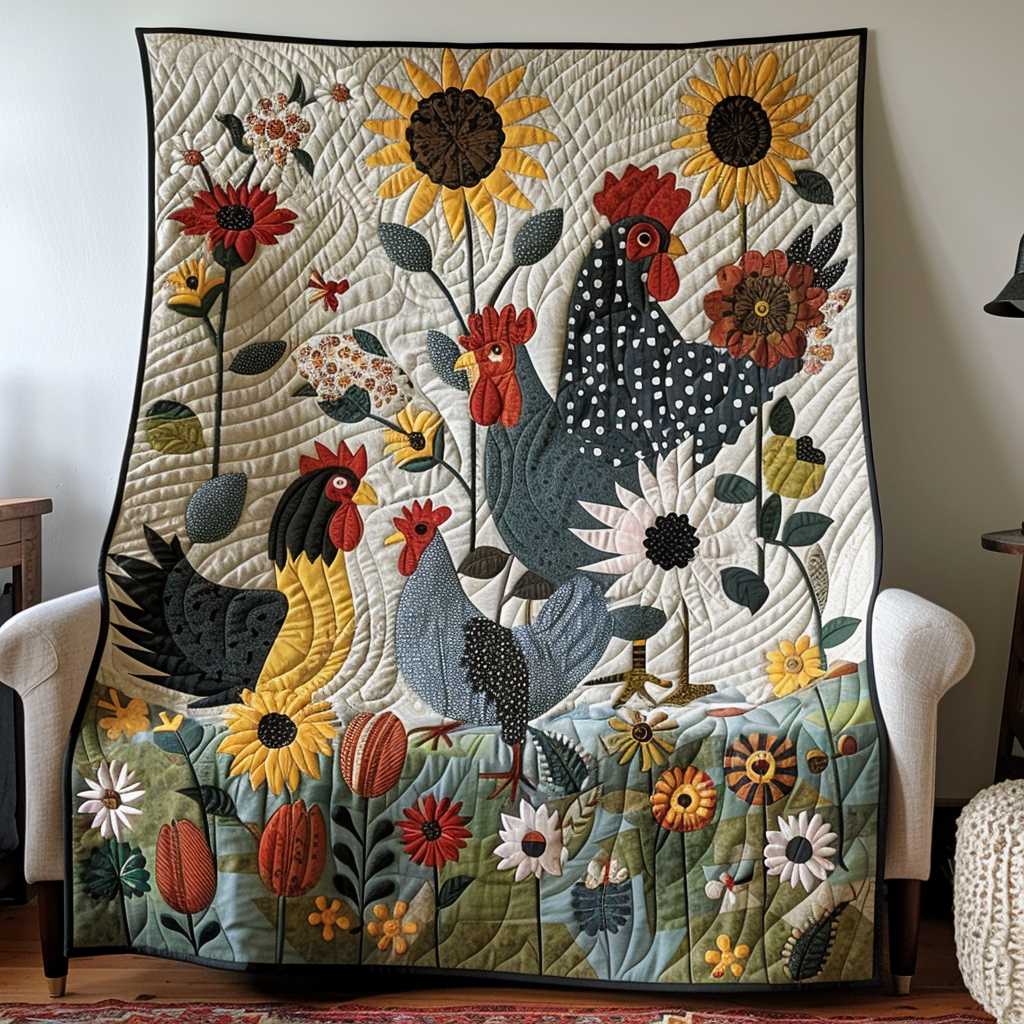 Rustic Chicken Meadow Quilted Blanket - Throw (55" x 60")