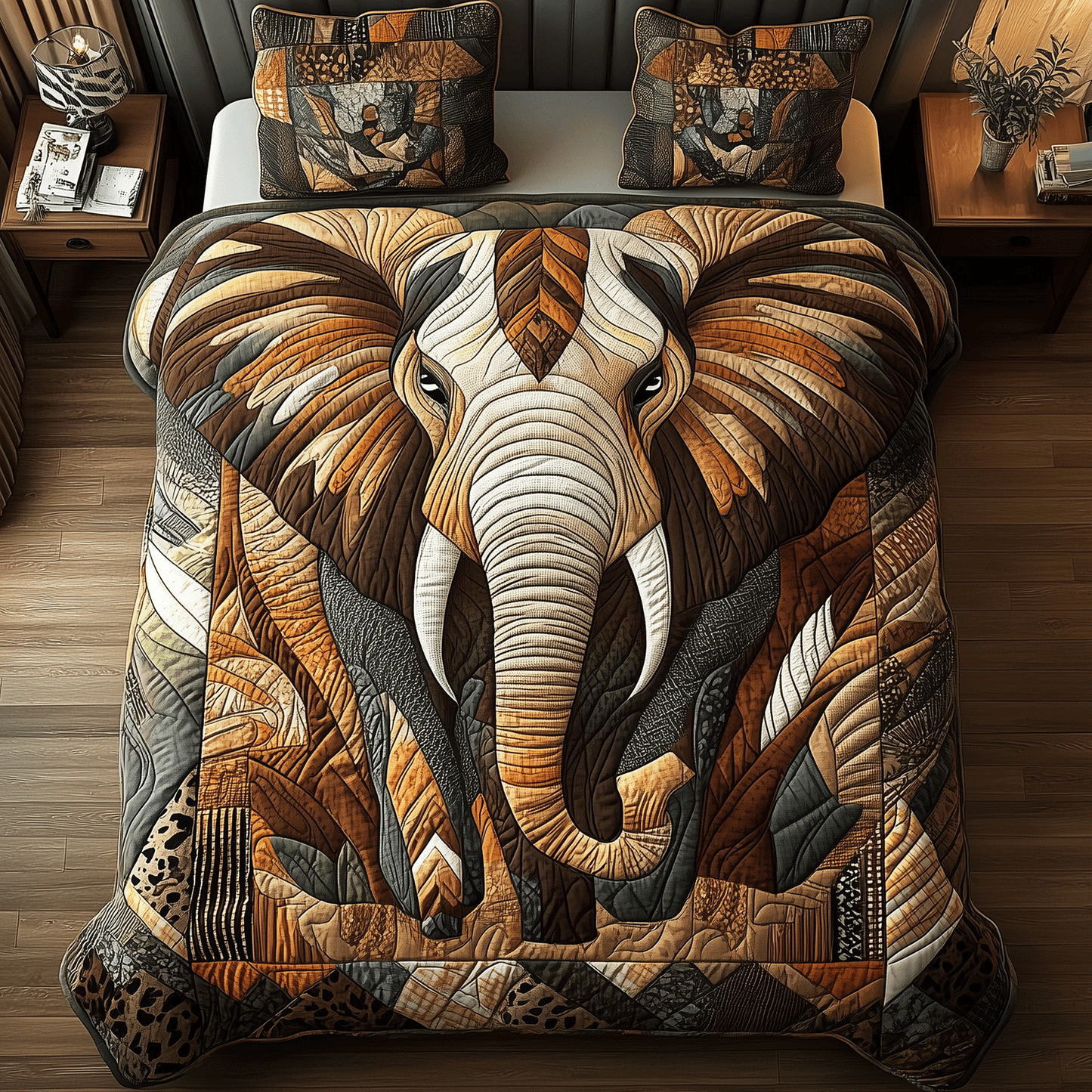 Rustic Elephant Elegance 3-Piece Quilted Bedding Set - Single (59" x 70")