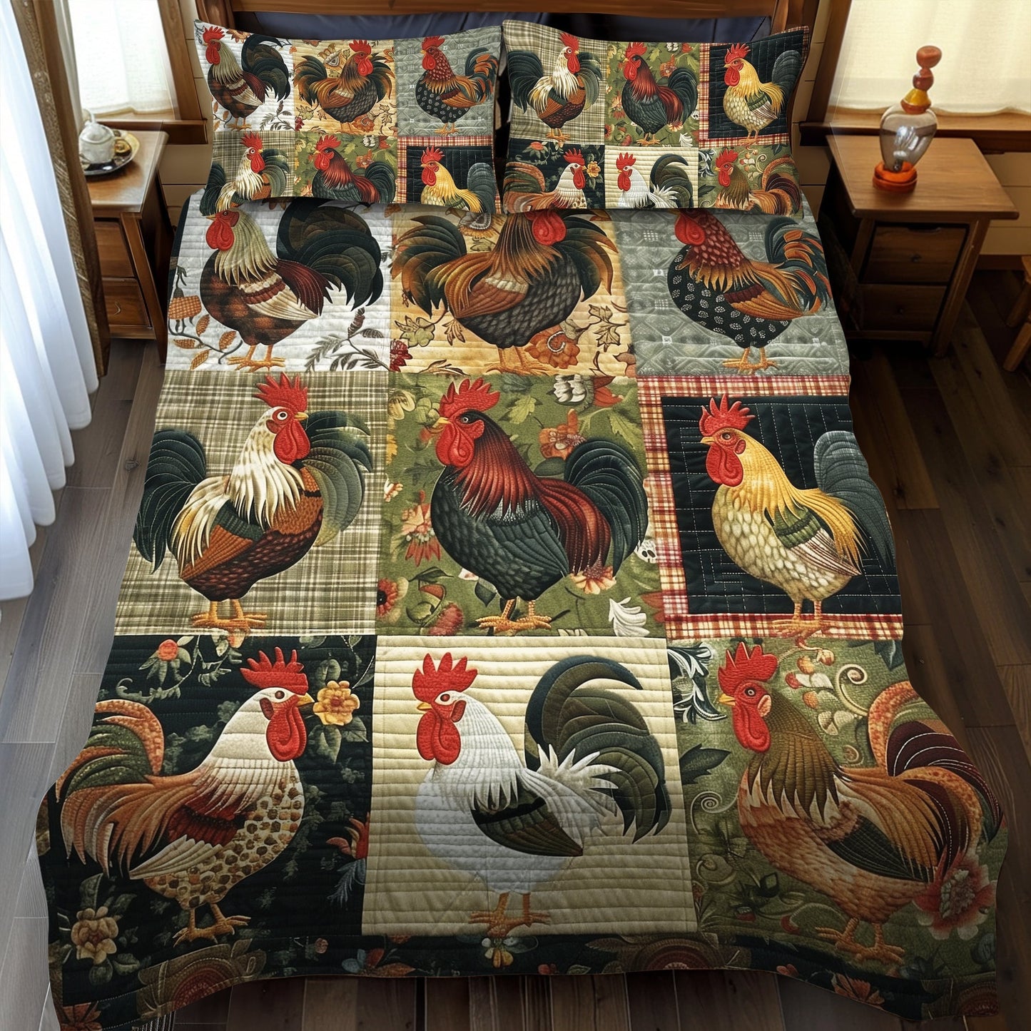 Rustic Rooster 3-Piece Quilted Bedding Set - Single (59" x 70")