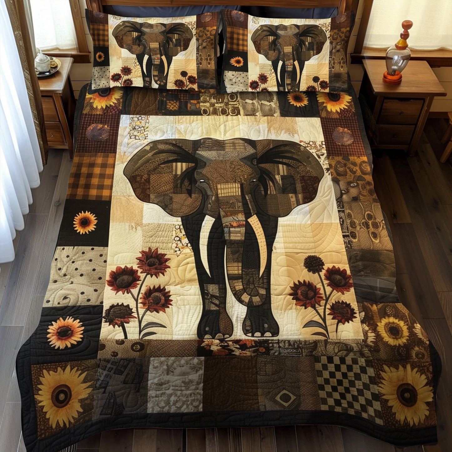 Rustic Sunflower Elephant 3-Piece Quilted Bedding Set - Single (59" x 70")
